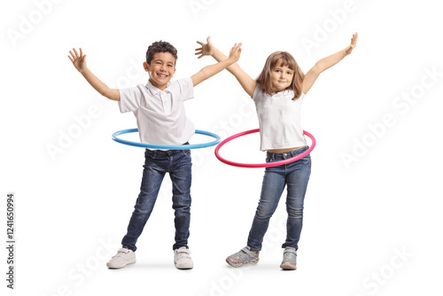 Cute little boy and girl spinning a hula hoops