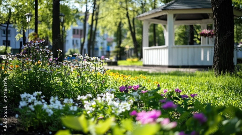 Serene moment with a white wooden gazebo nestled in a lush green park, framed by blooming flowers and gentle sunlight Serene moment with a white wooden gazebo nestled in a lush green park, framed by blooming flowers and gentle sunlight
