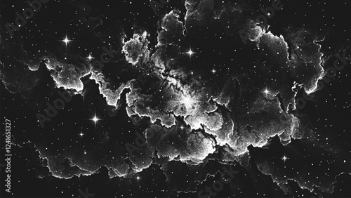 Deep space scene background in stippling style with glowing stars cluster and mesmerizing huge nebula as stellar nursery where stars are born. Dotwork. Pointillism. Noisy shading using dots. Vector