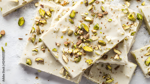 Pistachio and white chocolate bark with a crunchy, sweet, and nutty finish, perfect for holiday gifting.