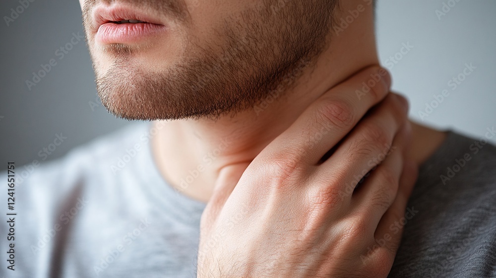 Obraz premium A man with facial hair wearing a gray shirt has his neck being grasped by an unseen hand.