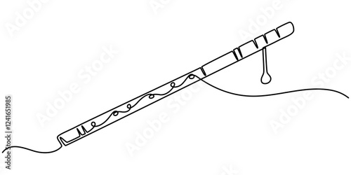 flute drawing continuous one line drawing, Black and white vector illustration of children's activity coloring book pages with pictures of Instrument piccolo, One continuous line drawing of classical.