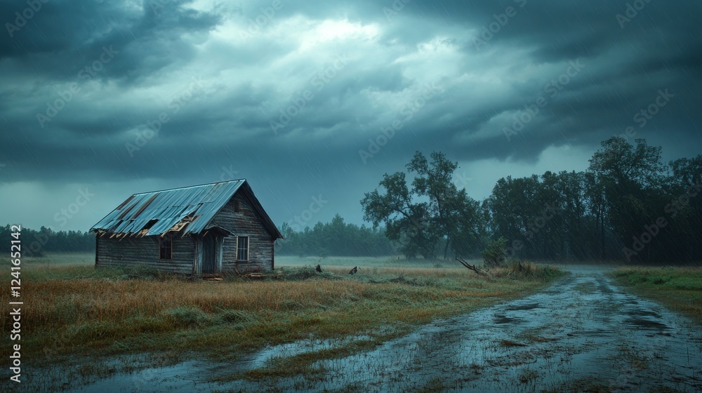 A small wooden house on a rural landscape battered by a hurricane, with a broken roof, trees bent in strong winds, and torrential rain. A small wooden house on a rural landscape battered by a hurricane, with a broken roof, trees bent in strong winds, and torrential rain.