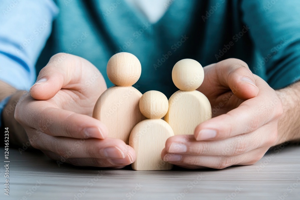 Hands hold three wooden family figures, symbolizing warmth, connection, and support in a tranquil setting