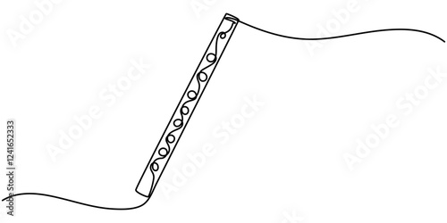 flute drawing continuous one line drawing, Black and white vector illustration of children's activity coloring book pages with pictures of Instrument piccolo, One continuous line drawing of classical.