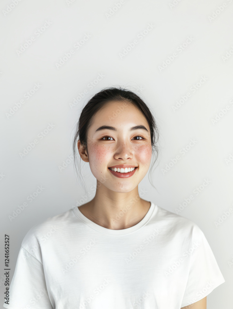 smiling young woman with natural look, wearing white t shirt against light background, radiating confidence and warmth smiling young woman with natural look, wearing white t shirt against light background, radiating confidence and warmth