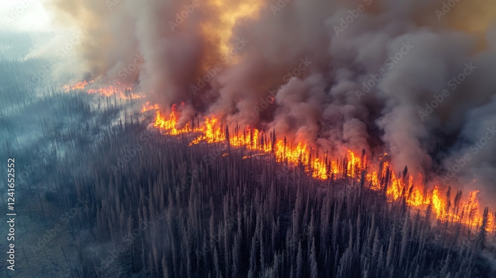 Naklejka premium An aerial view of a wildfire spreading through a dense forest, with thick smoke covering the area and patches of intense fire.