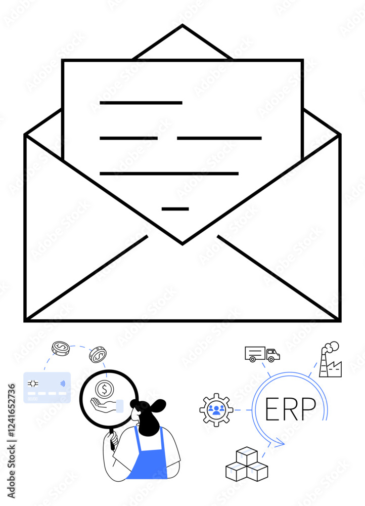 Open envelope with letter, surrounded by business process icons and ERP integration elements. Ideal for communication, ERP systems, business management, financial analysis, logistics, process