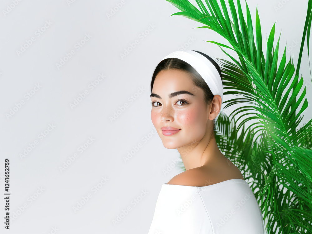 confident Asian woman smiles softly, showcasing her natural beauty against minimalist background with lush green foliage. Her elegant style is complemented by white headband