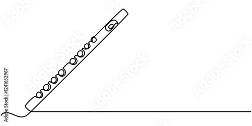 flute drawing continuous one line drawing, Black and white vector illustration of children's activity coloring book pages with pictures of Instrument piccolo, One continuous line drawing of classical.