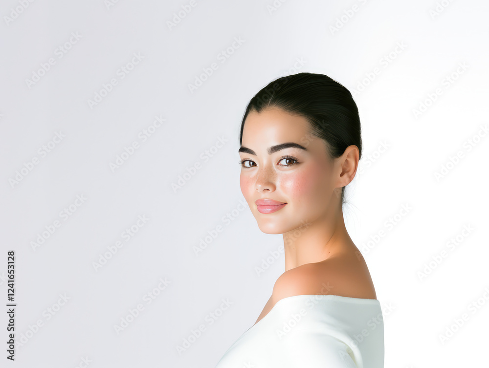 confident Asian woman smiling softly, showcasing natural beauty and elegance against light background. Her serene expression radiates warmth and positivity confident Asian woman smiling softly, showcasing natural beauty and elegance against light background. Her serene expression radiates warmth and positivity
