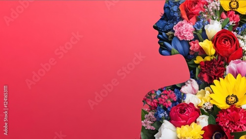 Floral elements create a human silhouette on a bright pink background, highlighting nature's vivid colors and shapes