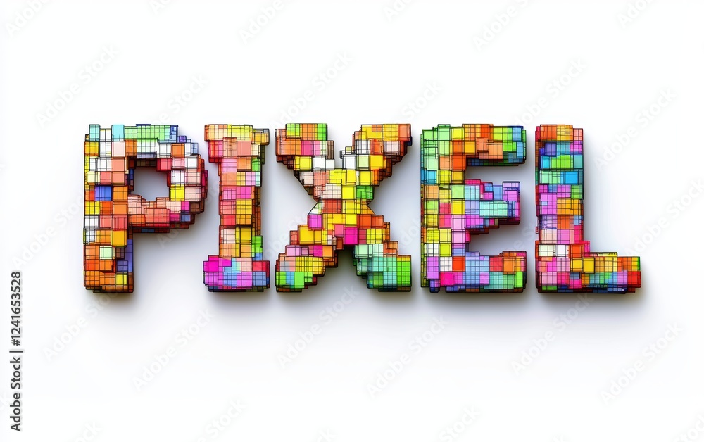 Obraz premium of the word PIXEL made from colorful pixelated squares, isolated on white