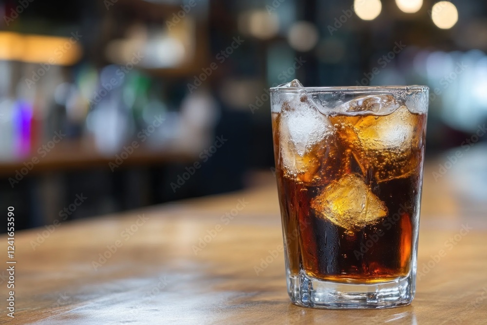 Glass filled with cola and ice displays condensation while resting on a wooden bar counter in a bustling cafe setting Glass filled with cola and ice displays condensation while resting on a wooden bar counter in a bustling cafe setting