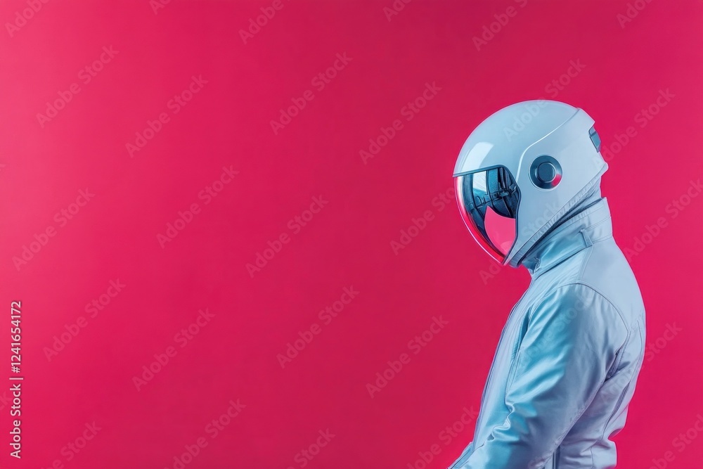 A figure in a silver suit and reflective helmet stands confidently against a bold red backdrop, hinting at a futuristic vibe A figure in a silver suit and reflective helmet stands confidently against a bold red backdrop, hinting at a futuristic vibe