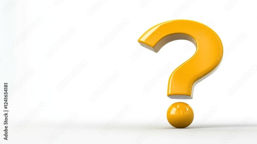 A bright yellow question mark stands prominently on a white background representing curiosity and the quest for knowledge A bright yellow question mark stands prominently on a white background representing curiosity and the quest for knowledge