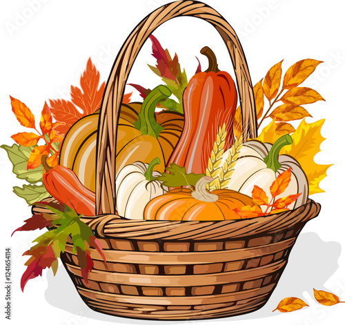 Wicker basket with pumpkins.Vector illustration with pumpkins and autumn leaves in a wicker basket on a transparent background.