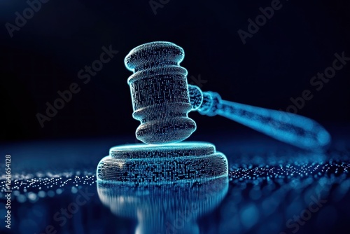 This digital artwork features a glowing blue pixel gavel, highlighting the fusion of law and technology today