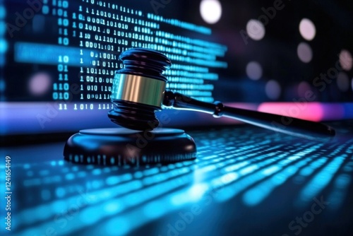 A gavel composed of vibrant blue pixels highlights the fusion of legal systems and advanced technology in today's world