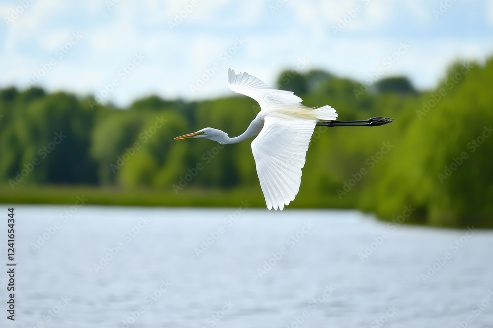 White egret flies gracefully above a calm lake with wings fully spread in a serene natural setting White egret flies gracefully above a calm lake with wings fully spread in a serene natural setting