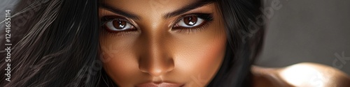 A close-up shot of a woman's face with long, dark hair photo