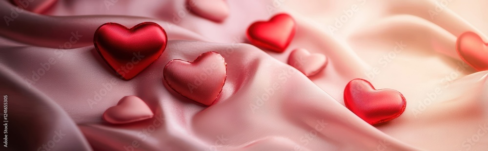 Fototapeta premium Romantic satin fabric background with scattered red and pink heart-shaped decorations and an elegant glow, ideal for Saint Valentines Day and 8 March International Womens Day