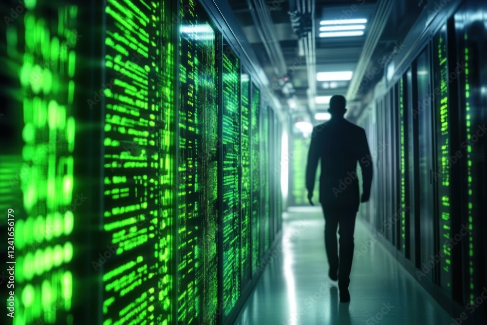 A shadowy figure walks through a luminous green corridor filled with cascading digital patterns, evoking a sci-fi atmosphere A shadowy figure walks through a luminous green corridor filled with cascading digital patterns, evoking a sci-fi atmosphere