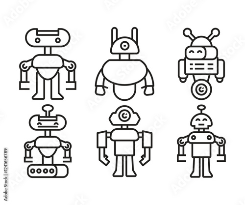 robot character icons set line illustration