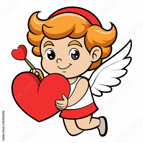 Cartoon angel cupid holding red heart. Cupid is a symbol of love. Picture for Valentine's Day and wedding. Suitable for logos, invitation, valentines, greeting card. Vector on a white background