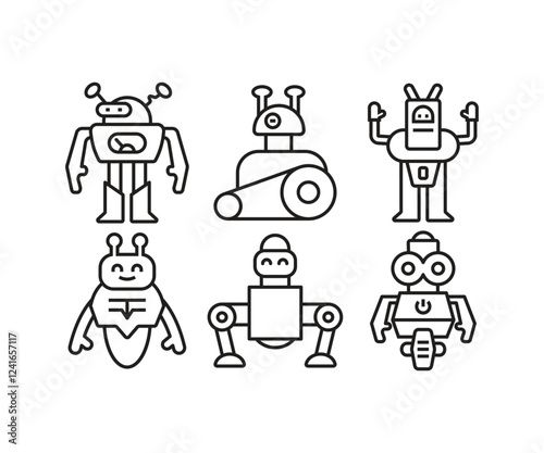 robot character line icons set