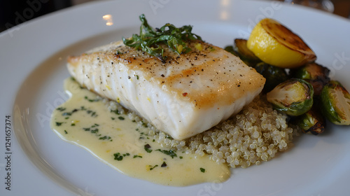 Poached halibut with a lemon herb sauce, served with a side of quinoa and roasted Brussels sprouts for a healthy and delicious meal.