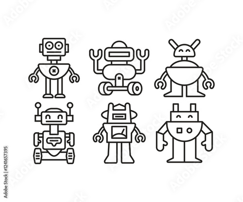 robot character line icons set