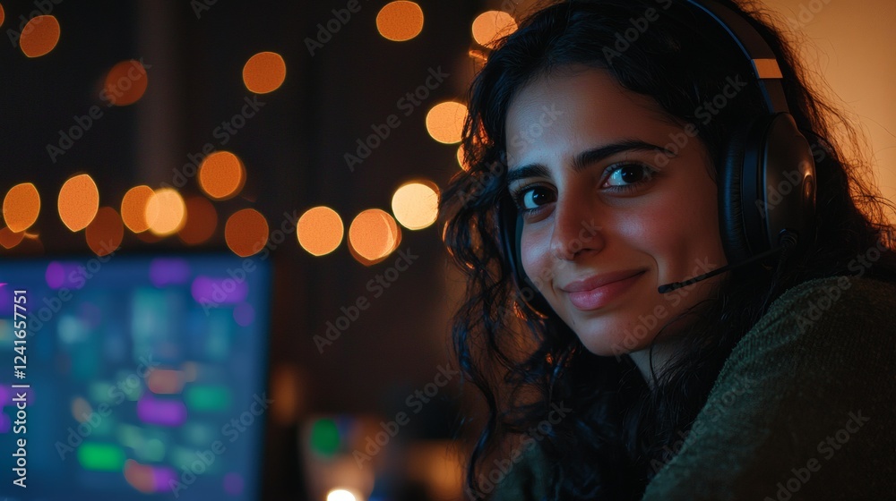 Woman with Headset Working on Computer at Night Woman with Headset Working on Computer at Night