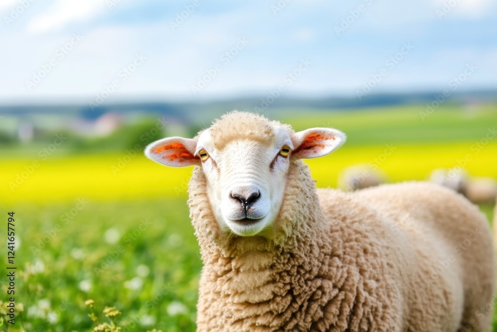 Fototapeta premium A golden-brown sheep gazes curiously at the viewer amid bright green grass and yellow flowers under a clear sky