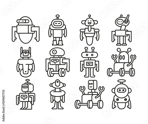 robot character icons set line vector illustration