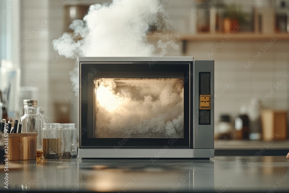 Thick smoke rising from malfunctioning kitchen microwave, revealing potential electrical hazard and kitchen safety risks from overheating appliance