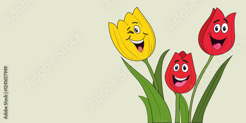 Banner with simple tulips with funny faces. Copy space, free space for text. Women's day.
