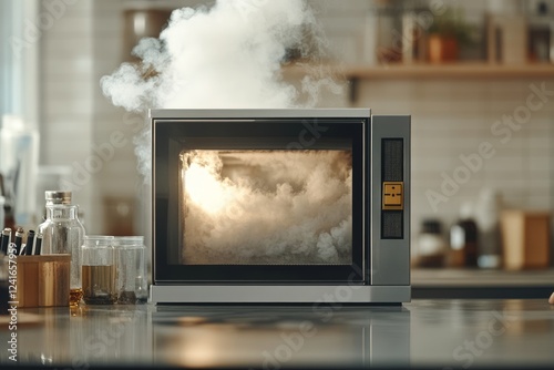 Obraz na płótnie Thick smoke rising from malfunctioning kitchen microwave, revealing potential electrical hazard and kitchen safety risks from overheating appliance w salonie