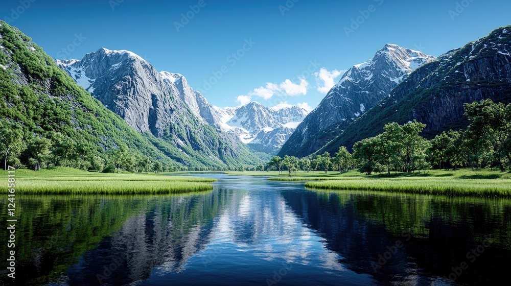Serene mountain lake reflecting peaks, summer Serene mountain lake reflecting peaks, summer