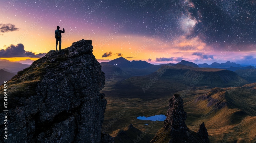 Fototapeta premium Man Standing on Mountain Peak Under Starry Sky at Dusk