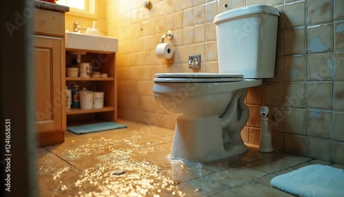 A distressed bathroom with an overflowing toilet, water spilling onto the floor, and an urgent plumbing issue.