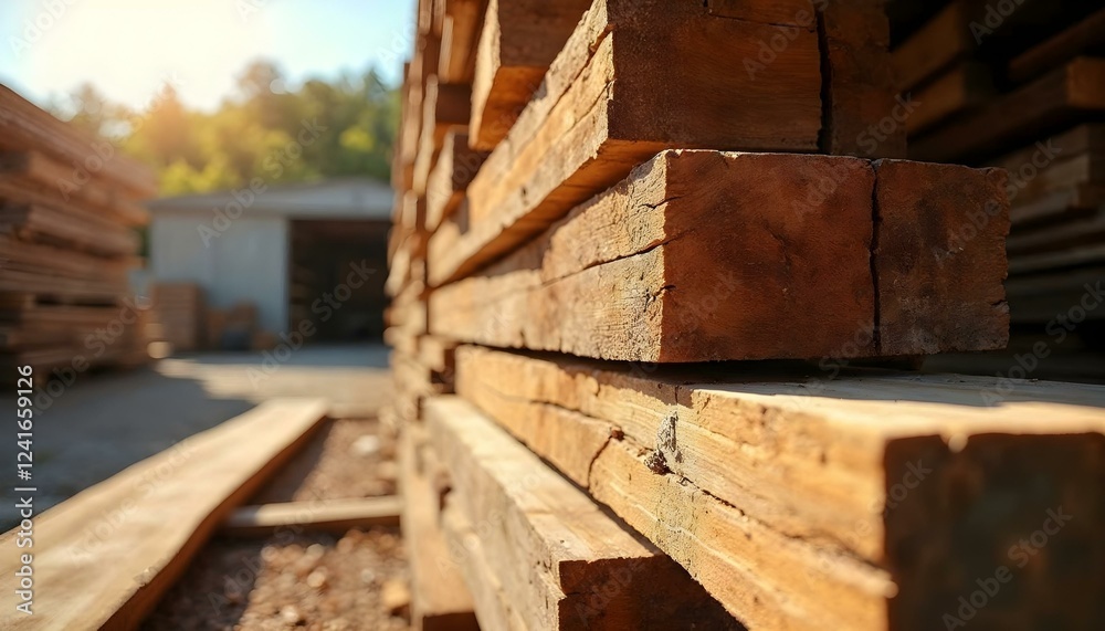 A sustainable timber yard with neatly stacked lumber, sunlight filtering through, and eco-friendly focus. A sustainable timber yard with neatly stacked lumber, sunlight filtering through, and eco-friendly focus.