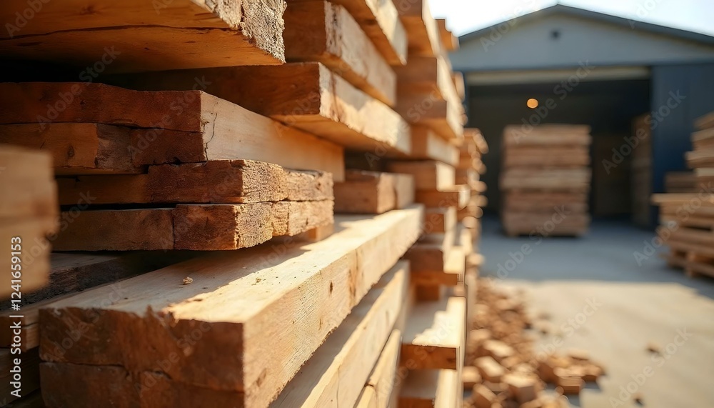 A sustainable timber yard with neatly stacked lumber, sunlight filtering through, and eco-friendly focus. A sustainable timber yard with neatly stacked lumber, sunlight filtering through, and eco-friendly focus.