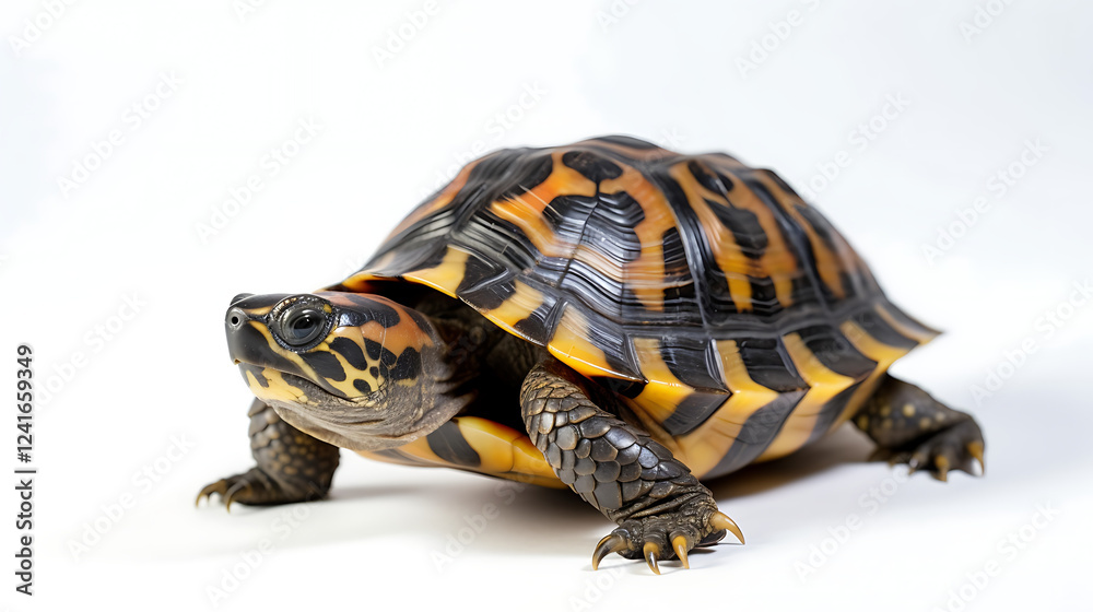 Fototapeta premium A small turtle is standing on a white background
