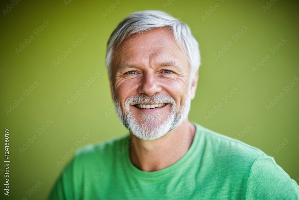 Obraz premium A smiling mature Caucasian man with gray hair and beard wears a green T-shirt against a green background