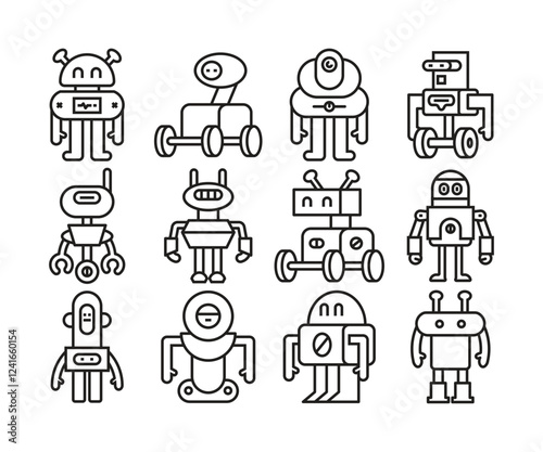robot character icons set line vector illustration