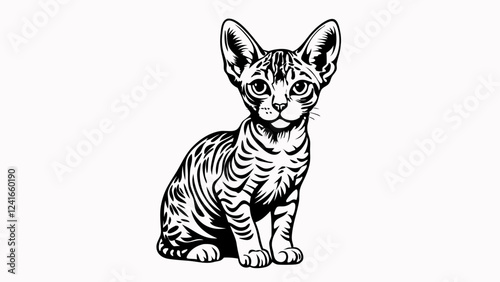 Devon Rex kitten sitting with direct gaze. Distinctive hairless features and folded ears captured in vintage line style. Concept of: exotic pets, veterinary care, specialized breeding.