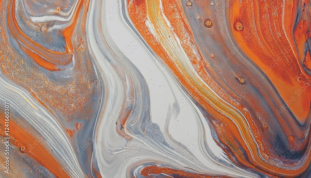 Obraz premium fluid abstract painting with orange, gray, and white marbling, perfect for modern interior design, digital background, or artistic prints