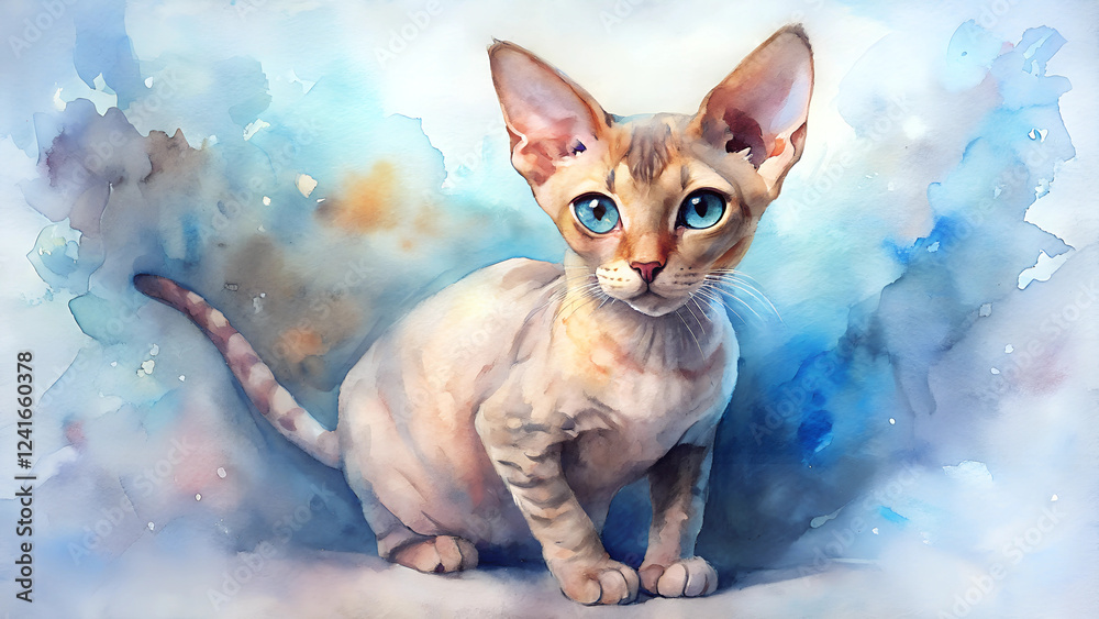 Obraz premium Devon Rex kitten with bright blue eyes gazing at camera. Beige beauty with unique coat texture sits against soft orange-blue background. Concept of specialty breeding, pet boutique, art gallery.