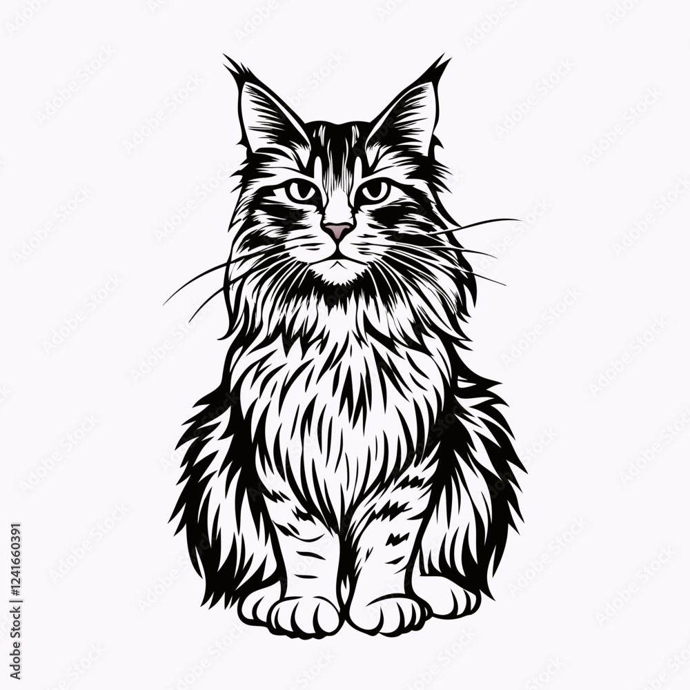 Dignified Maine Coon cat sitting with serious expression, bold woodcut-style lines show regal bearing. Concept of pet nobility, feline portraiture, breed excellence. Dignified Maine Coon cat sitting with serious expression, bold woodcut-style lines show regal bearing. Concept of pet nobility, feline portraiture, breed excellence.